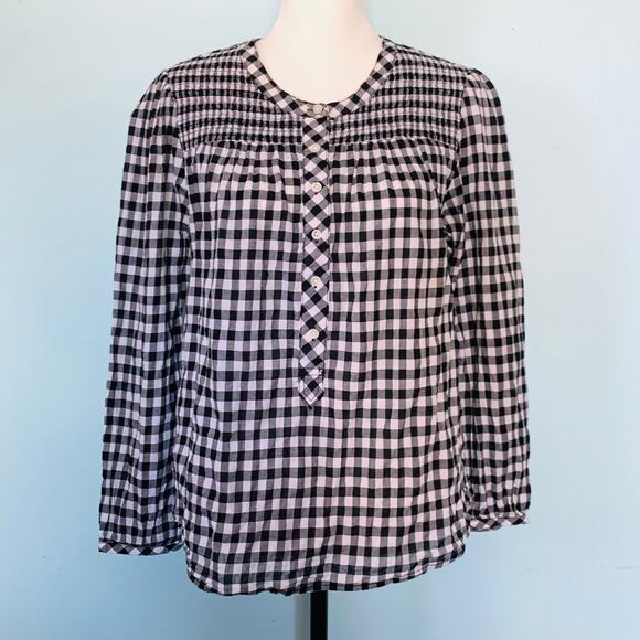 J. Crew Smocked Popover Top in Black Crinkle Gingham Size M - Picture 7 of 9